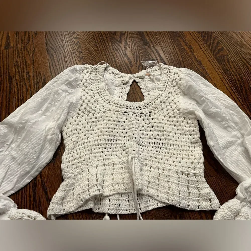 FREE PEOPLE Megan Crochet Ivory Top Boho Peasant Festival small